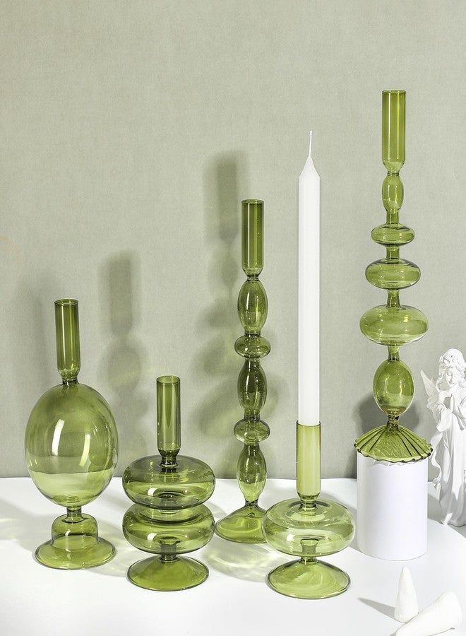 رتيري حامل شموع زجاجي من ريتيري، 5 قطع، حامل شموع زجاجي ملون، حامل شموع أنيق، حامل شموع بقاعدة شفافة بتصميم بوهيمي أنيق، مزهرية أنيقة لتزيين المنزل والحفلات (أخضر) - Image 3